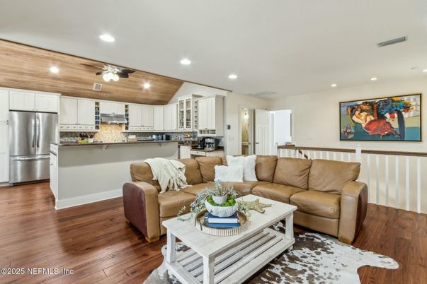Interior, Kitchen, Living room, Recessed Lighting, Stainless Steel Appliances, Wood Texture Flooring