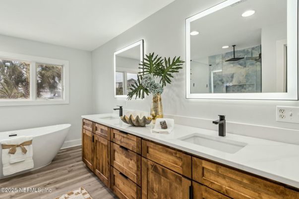 Bathroom, Dual Sink Vanities, Free Standing Baths, Interior, Recessed Lighting, Wood Texture Flooring