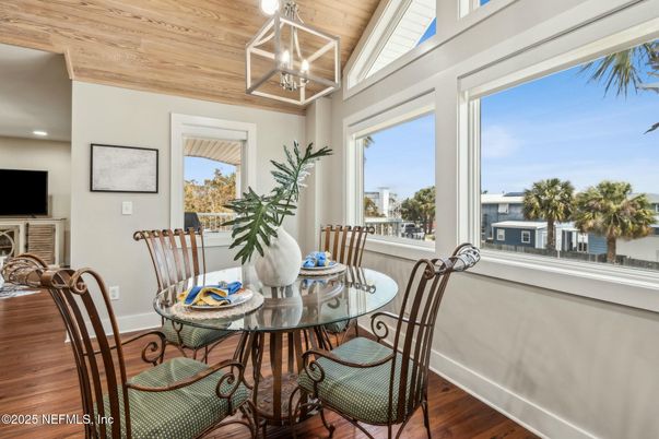 Dining room, Interior, Recessed Lighting, Wooden Ceilings, Wood Texture Flooring