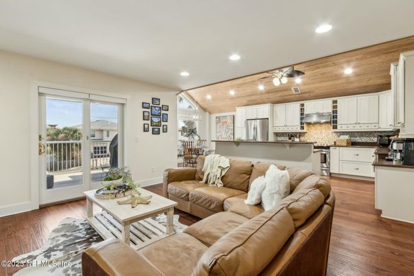 Interior, Kitchen, Living room, Recessed Lighting, Stainless Steel Appliances, Wood Texture Flooring