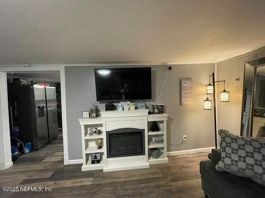 Fireplace, Interior, Kitchen, Stainless Steel Appliances, Wood Texture Flooring