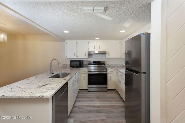 Interior, Kitchen, Recessed Lighting, Stainless Steel Appliances, Wood Texture Flooring