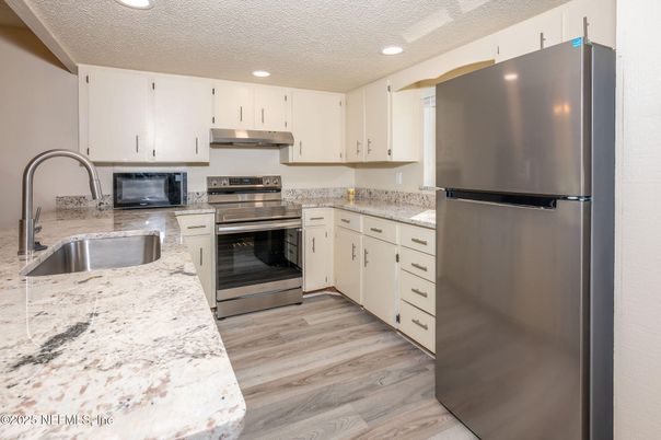 Interior, Kitchen, Recessed Lighting, Stainless Steel Appliances, Wood Texture Flooring