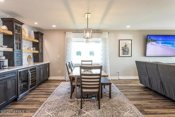 Dining room, Interior, Pendant Lights, Recessed Lighting, Wood Texture Flooring