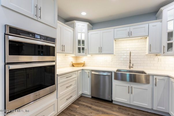 Interior, Kitchen, Recessed Lighting, Stainless Steel Appliances, Wood Texture Flooring