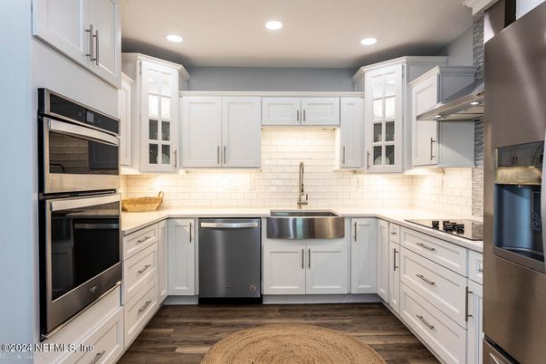 Interior, Kitchen, Recessed Lighting, Stainless Steel Appliances, Wood Texture Flooring