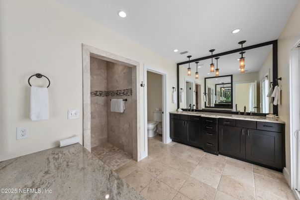 Bathroom, Dual Sink Vanities, Glass Shower, Interior, Pendant Lights, Recessed Lighting