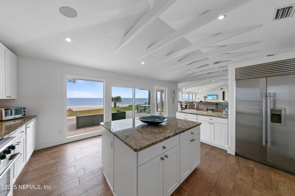 Interior, Kitchen, Recessed Lighting, Stainless Steel Appliances, Water, Wood Texture Flooring