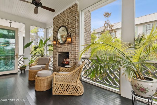 Fireplace, Interior, Stone Walls, Sun Room, Wood Texture Flooring