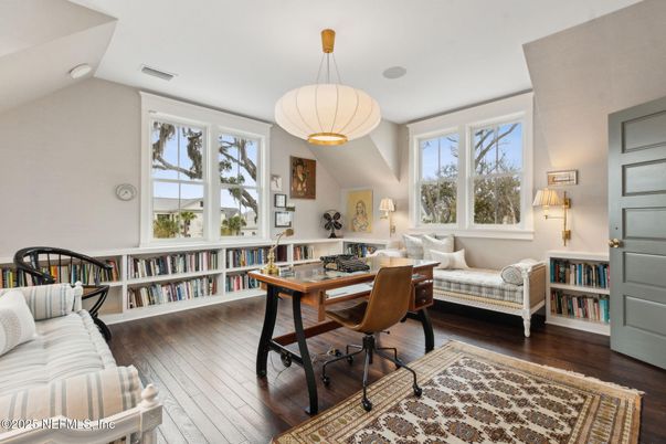 Home Office, Interior, Pendant Lights, Wood Texture Flooring