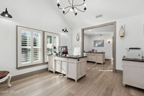 Chandelier, Home Office, Interior, Recessed Lighting, Wood Texture Flooring