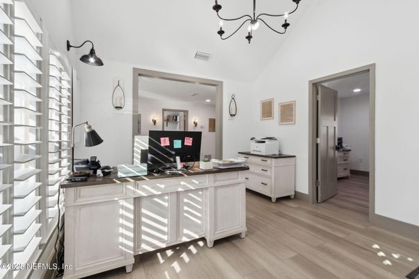 Chandelier, Home Office, Interior, Recessed Lighting, Wood Texture Flooring