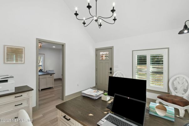 Chandelier, Home Office, Interior, Wood Texture Flooring