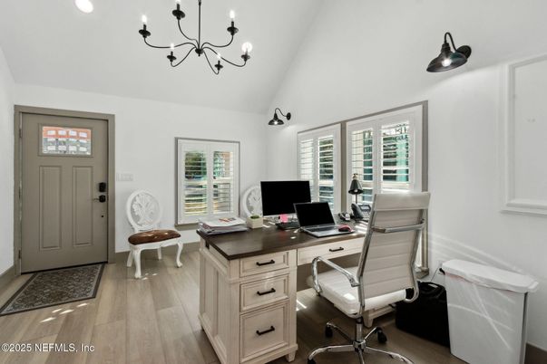 Chandelier, Home Office, Interior, Recessed Lighting, Wood Texture Flooring