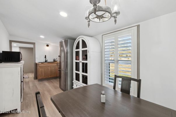 Dining room, Interior, Recessed Lighting, Wood Texture Flooring