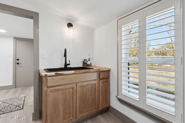 Bathroom, Dual Sink Vanities, Interior, Recessed Lighting, Wood Texture Flooring