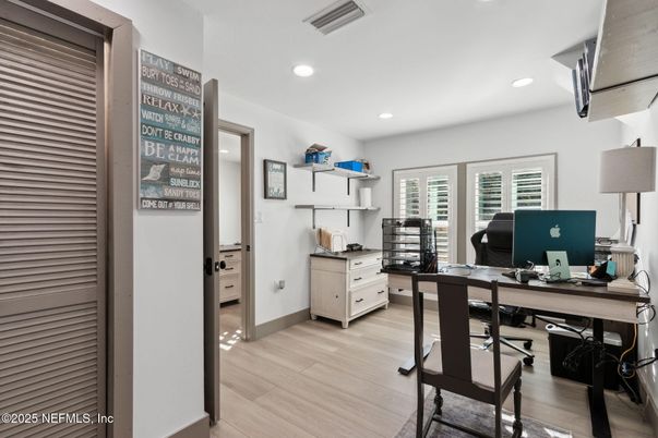 Home Office, Interior, Recessed Lighting, Wood Texture Flooring