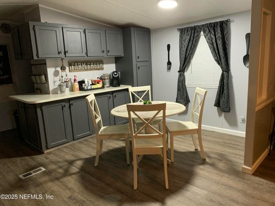 Dining room, Interior, Recessed Lighting, Wood Texture Flooring