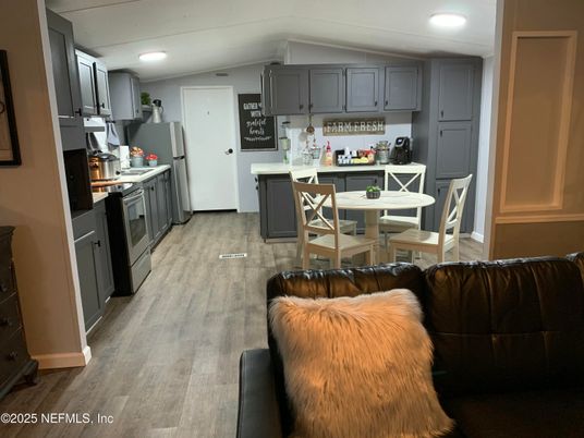 Dining room, Interior, Kitchen, Recessed Lighting, Wood Texture Flooring