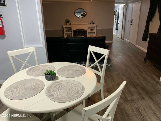 Dining room, Fireplace, Interior, Wood Texture Flooring