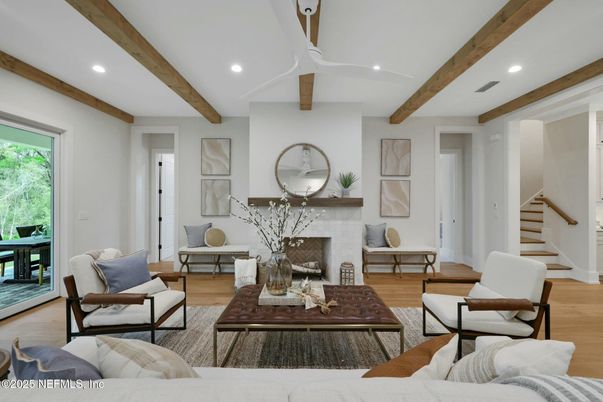 Fireplace, Interior, Living room, Recessed Lighting, Wooden Beams, Wood Texture Flooring