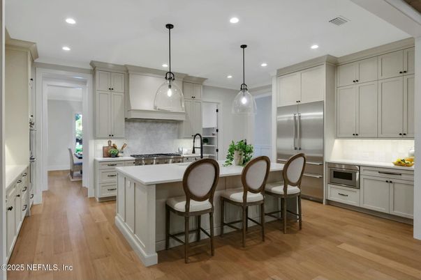 Interior, Kitchen, Pendant Lights, Recessed Lighting, Stainless Steel Appliances, Wood Texture Flooring