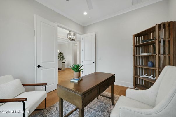Chandelier, Home Office, Interior, Recessed Lighting, Wood Texture Flooring