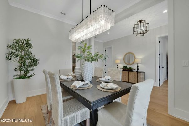 Chandelier, Dining room, Interior, Recessed Lighting, Wood Texture Flooring