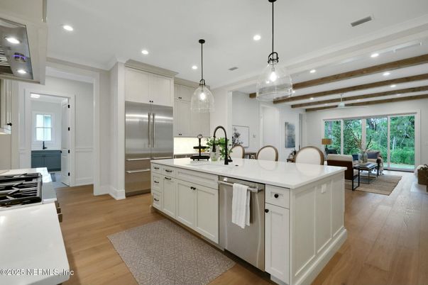 Interior, Kitchen, Living room, Pendant Lights, Recessed Lighting, Stainless Steel Appliances, Wood Texture Flooring