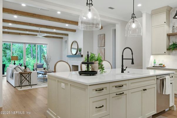 Interior, Kitchen, Living room, Pendant Lights, Recessed Lighting, Stainless Steel Appliances, Wooden Beams, Wood Texture Flooring