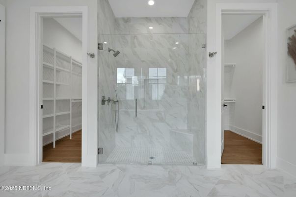 Bathroom, Glass Shower, Interior, Marble, Marble Walls, Recessed Lighting, Wood Texture Flooring