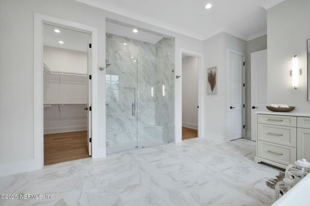 Bathroom, Glass Shower, Interior, Marble, Marble Walls, Recessed Lighting, Wood Texture Flooring