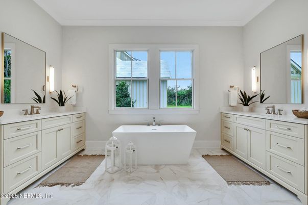 Bathroom, Dual Sink Vanities, Free Standing Baths, Interior, Marble