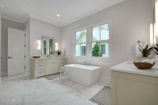 Bathroom, Dual Sink Vanities, Free Standing Baths, Interior, Marble, Recessed Lighting