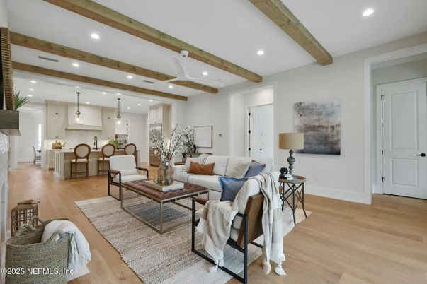Interior, Kitchen, Living room, Pendant Lights, Recessed Lighting, Wooden Beams, Wood Texture Flooring