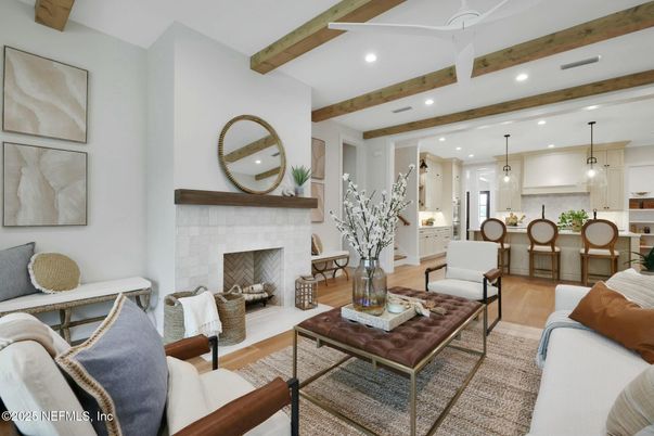 Fireplace, Interior, Kitchen, Living room, Pendant Lights, Recessed Lighting, Wooden Beams, Wood Texture Flooring