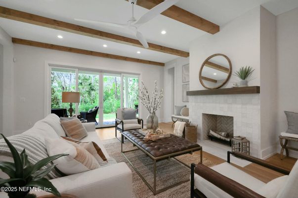 Fireplace, Interior, Living room, Recessed Lighting, Wooden Beams, Wood Texture Flooring