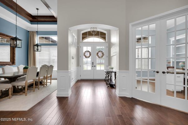 Dining room, Interior, Pendant Lights, Wood Texture Flooring