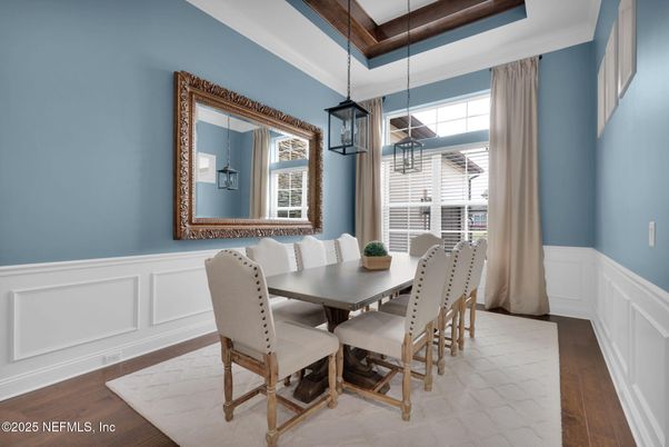Dining room, Interior, Pendant Lights, Wood Texture Flooring