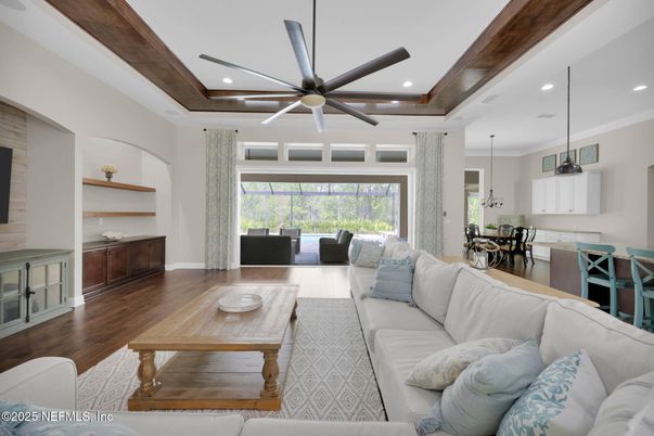 Dining room, Interior, Living room, Pendant Lights, Recessed Lighting, Wood Texture Flooring