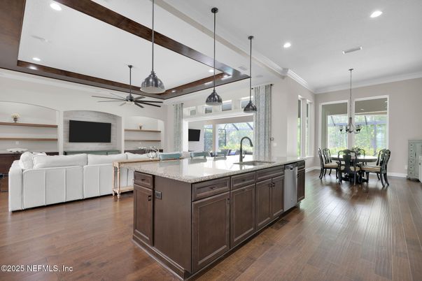 Dining room, Interior, Kitchen, Living room, Pendant Lights, Recessed Lighting, Wood Texture Flooring