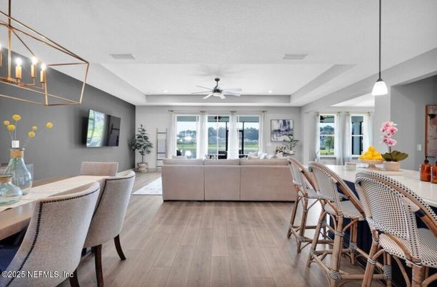 Dining room, Interior, Living room, Pendant Lights, Recessed Lighting, Wood Texture Flooring