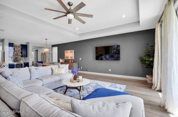 Dining room, Interior, Living room, Pendant Lights, Recessed Lighting, Wood Texture Flooring