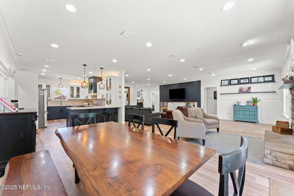 Dining room, Interior, Kitchen, Living room, Pendant Lights, Recessed Lighting, Wood Texture Flooring