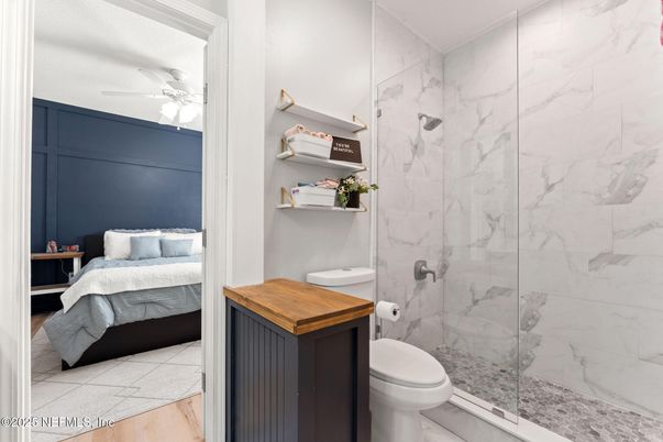 Bathroom, Bedroom, Glass Shower, Interior, Marble Walls, Wood Texture Flooring