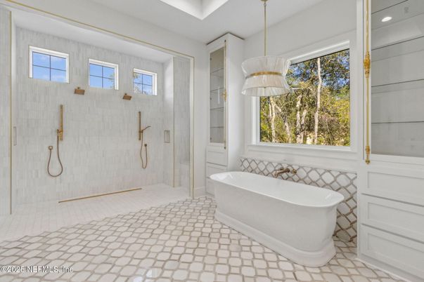 Bathroom, Free Standing Baths, Glass Shower, Interior, Pendant Lights, Recessed Lighting