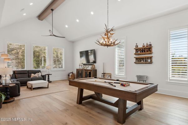 Billiard Table, Game Room, Interior, Living room, Pendant Lights, Recessed Lighting, Wooden Beams, Wood Texture Flooring