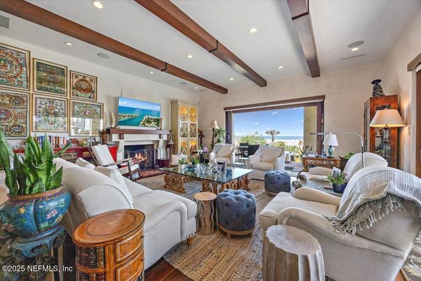 Fireplace, Interior, Living room, Recessed Lighting, Wooden Beams, Wood Texture Flooring