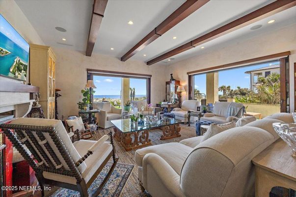 Fireplace, Interior, Living room, Recessed Lighting, Wooden Beams
