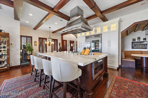 Interior, Kitchen, Pendant Lights, Recessed Lighting, Stainless Steel Appliances, Wooden Beams, Wood Texture Flooring